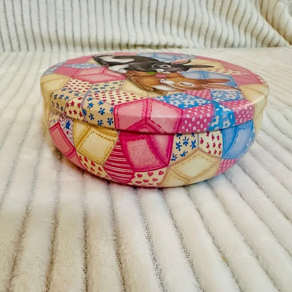 Vintage Decorative Tin with Quilted print and  Bunny Rabbits